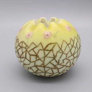 Antique Satin Glass Rose Bowl Vase Yellow Satin Hand Painted Flowers est. 1890